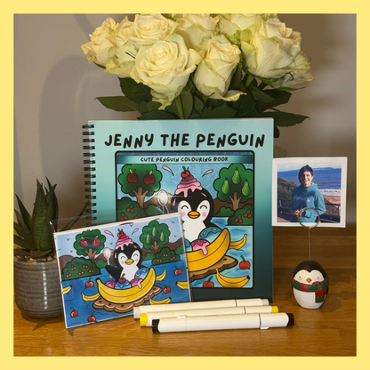 JENNY THE PENGUIN COLOURING BOOK AND MINI POSTCARD PRINT BUNDLE