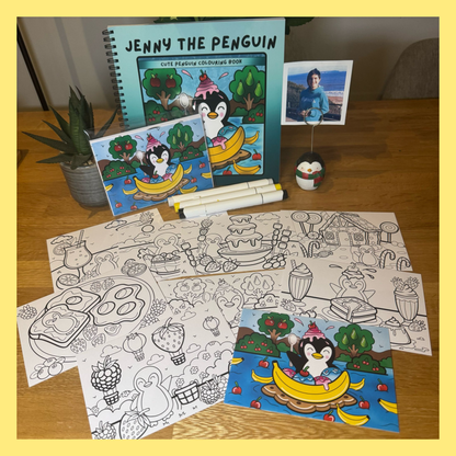 JENNY THE PENGUIN COLOURING BOOK AND MINI POSTCARD PRINT BUNDLE