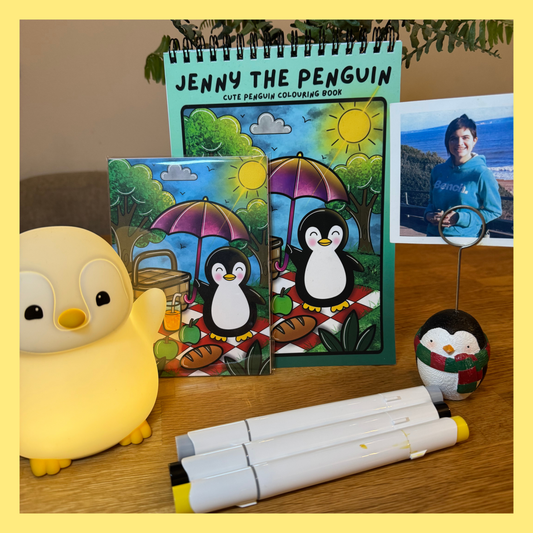 JENNY THE PENGUIN COLOURING BOOK OF SEASONS & MINI POSTCARD PRINT SET